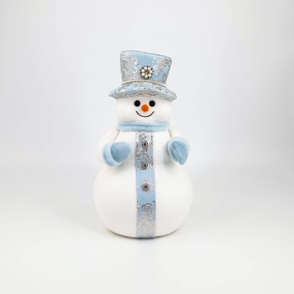 Pale Blue White Snowman with Top Hat - 39cm