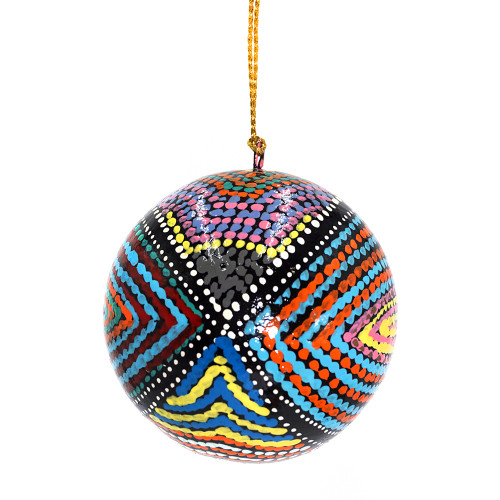 Aboriginal Christmas Bauble Chevron Dots on Black Background 7.6cm