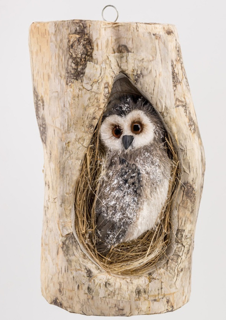 Grey Cream Owl in Tree Log 31cm