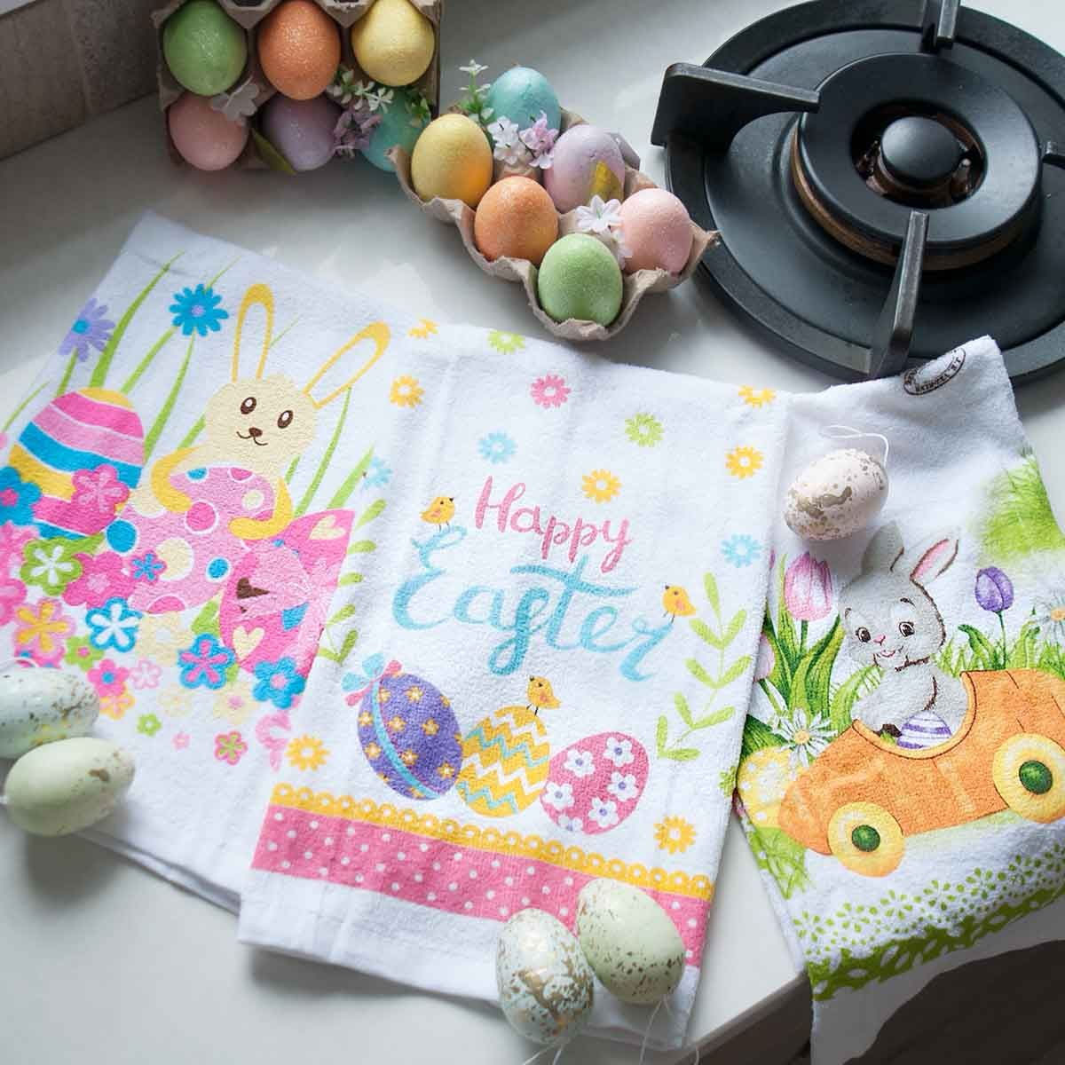 Easter Cotton Tea Towel 4 Designs (Pastel eggs in trays and egg ornaments sold separately.) 