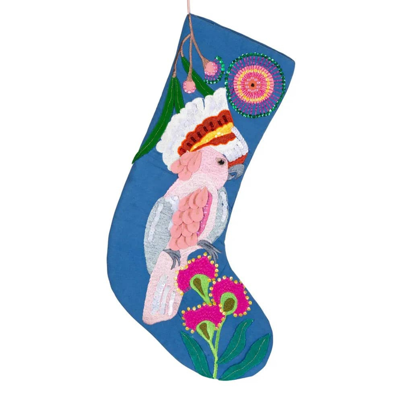 Royal Blue Appliqué Cockatoo Stocking 48cm